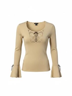Mandee Beige Lace-Inset Long Sleeve Top with Ribbon Ties